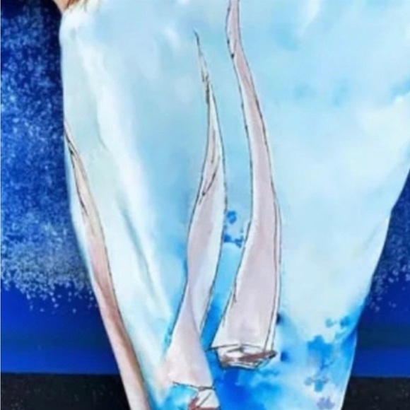 Aqua Luxury Yacht Life, Asymmetrical Kimono Dress, One Arm Cover Boat Neck Midi. - Picture 7 of 7